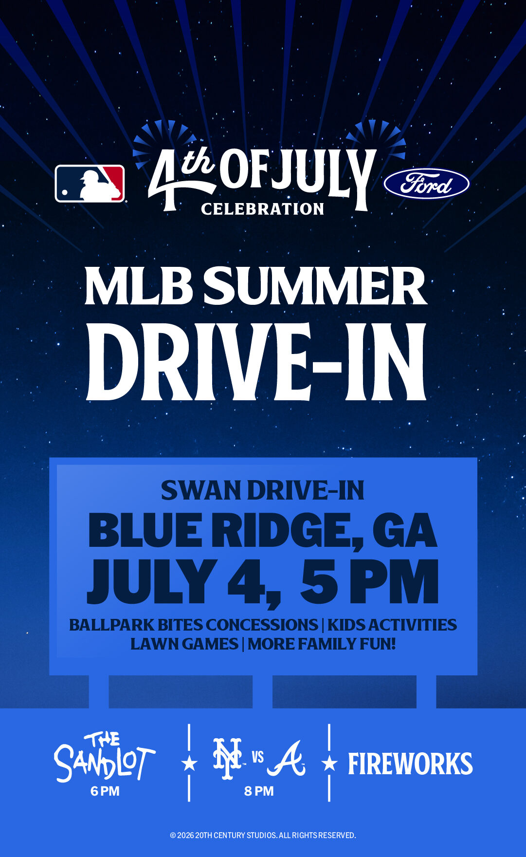 Movie MLB Summer Drive-In 4th Of July Celebration *The Sandlot* *MLB Braves Game* *Firework Show*